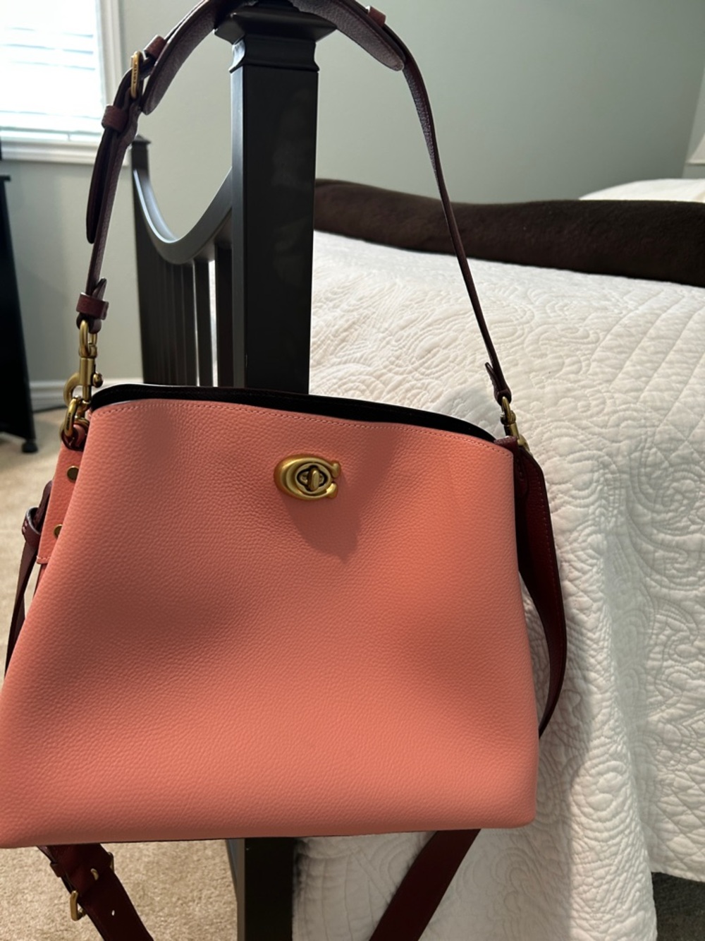 Coach Pebbled Leather Shoulder Bag in Coral and Burgundy with Gold Hardware